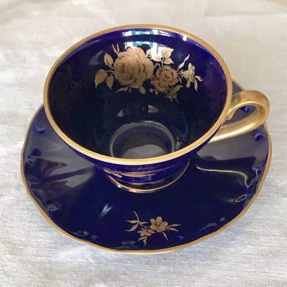 Bareuther Waldsassen Echt Cobalt Handarbeit Rose Demitasse Cup & Saucer Set 24kt - Picture 5 of 16